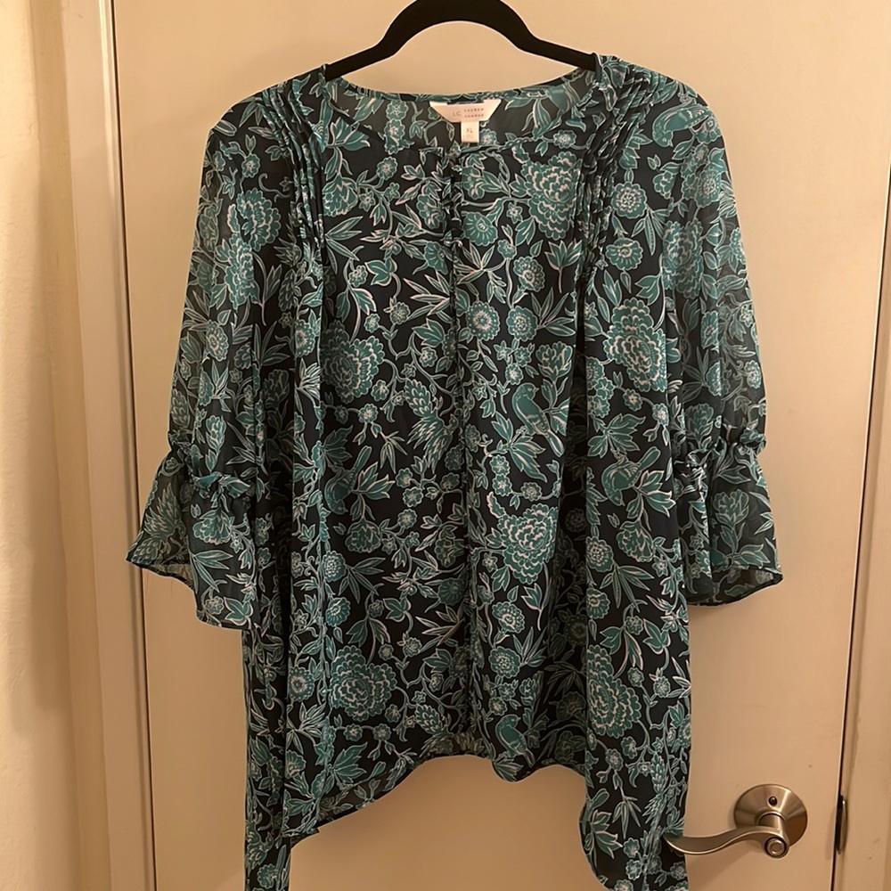LC Lauren Conrad Black and Teal Floral Ruffle-Sleeve Blouse